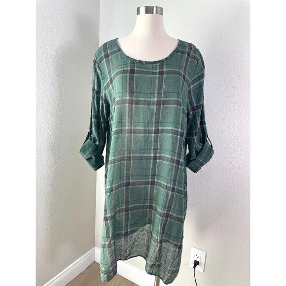 SAGA Made in Italy Tunic Top OS Green Plaid Roll Tab Sleeve Shirt Lagenlook Boho - Picture 1 of 12
